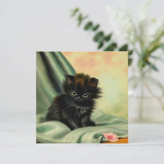 Vintag Black Kitten Illustration Einladung (Stehend Vorderseite)