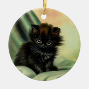 Vintag Black Kitten Illustration Keramik Ornament