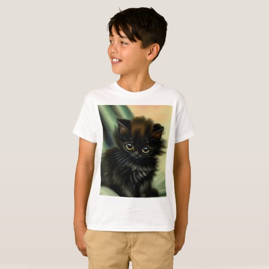 Vintag Black Kitten Illustration T-Shirt (Vorne ganz)
