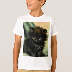 Vintag Black Kitten Illustration T-Shirt