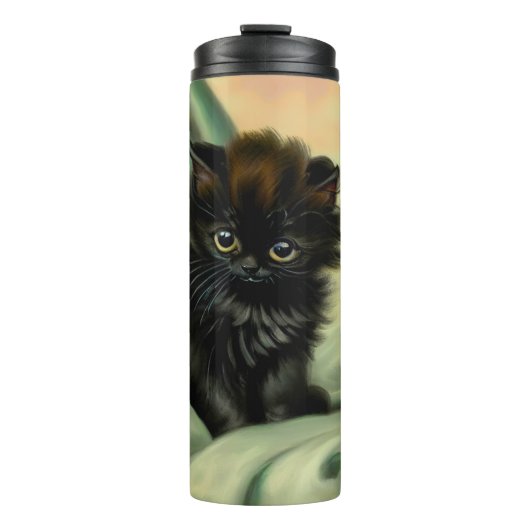 Vintag Black Kitten Illustration Thermosbecher (Vorderseite)