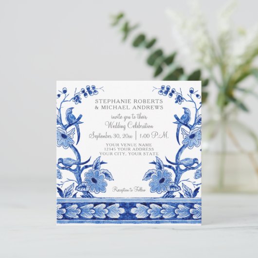 Vintag Blau Chinoiserie Asiatische Blumen Einladung (Stehend Vorderseite)