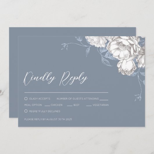 Vintag Blau Weiß & Graue Blüten Zeichnend (Vorne/Hinten)