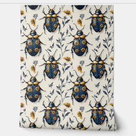 Vintag-blaue und gelbe Blumenkäfer-Muster Deko Tapete