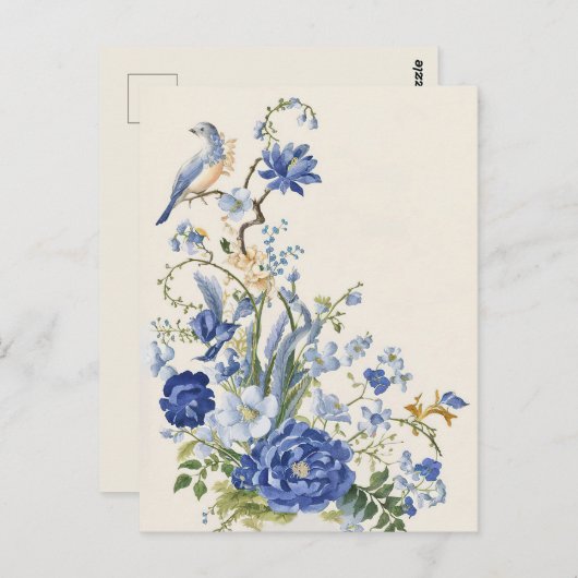 Vintag Blauer Blume und Vogel Postkarte (Vorne/Hinten)
