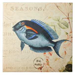 Vintag Blauer Fisch, Französisch-Blumenbilder Fliese
