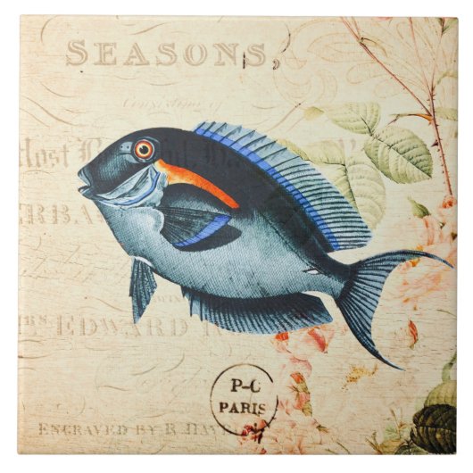 Vintag Blauer Fisch, Französisch-Blumenbilder Fliese (Vorderseite)