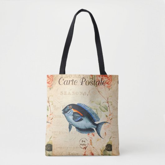 Vintag Blauer Fisch, Französisch-Blumenbilder Tasche (Vorderseite)