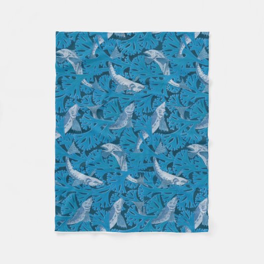 Vintag Blauer Fisch und Meeresalgen: Jugendstil Fleecedecke (Vorderseite)