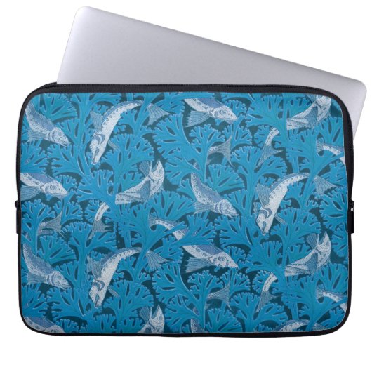 Vintag Blauer Fisch und Meeresalgen: Jugendstil Laptopschutzhülle (Vorderseite)
