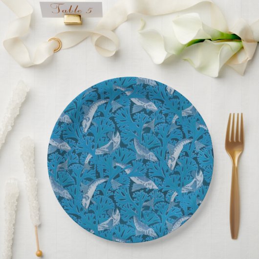 Vintag Blauer Fisch und Meeresalgen: Jugendstil Pappteller (Hochzeit)