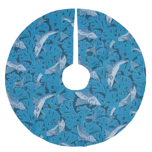 Vintag Blauer Fisch und Meeresalgen: Jugendstil Polyester Weihnachtsbaumdecke (Vorderseite)
