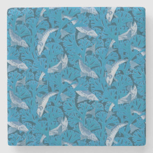 Vintag Blauer Fisch und Meeresalgen: Jugendstil Steinuntersetzer