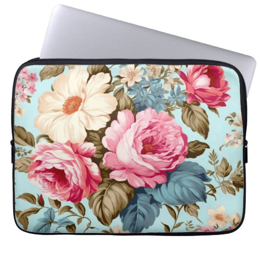 Vintag Blauer Rosa Blumengarten Laptopschutzhülle (Vorderseite)
