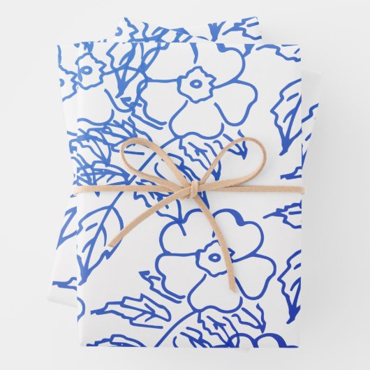 Vintag blaues Blume-Muster auf weiß Geschenkpapier Set (Beispiel)