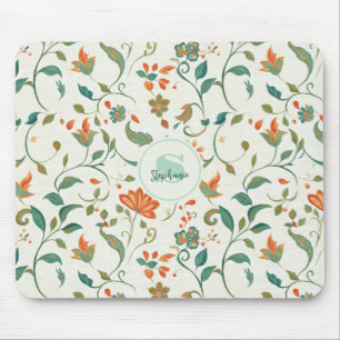 Vintag blaugrüne Blätter und orangefarbenes Blumen Mousepad