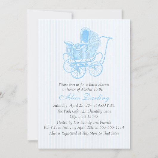 Vintag Blue Baby Carriage Baby Dusche Einladung (Vorderseite)