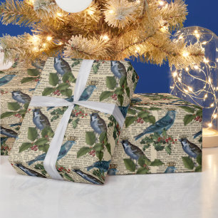 Vintag Blue Bird Holly Newsprint Weihnachten  Geschenkpapier
