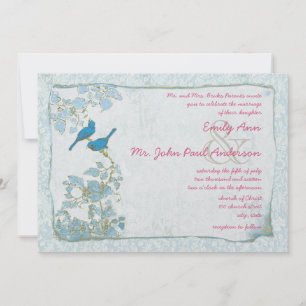 Vintag Blue Birds Damask Pink Schriftart Hochzeit  Einladung
