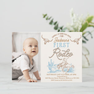 Vintag Blue Brown Foto Erstes Rodeo 1. Geburtstag Einladung