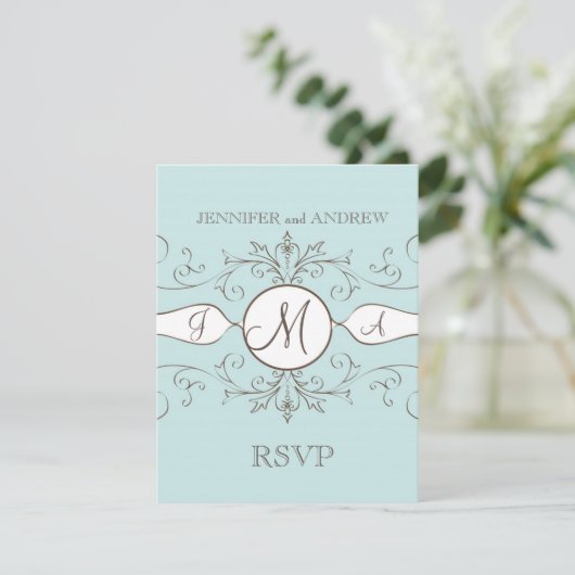Vintag Blue Brown Wedding RSVP Cards (Stehend Vorderseite)