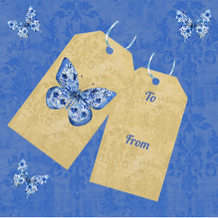 Vintag Blue Chinoiserie Butterfask Damask Geschenkanhänger