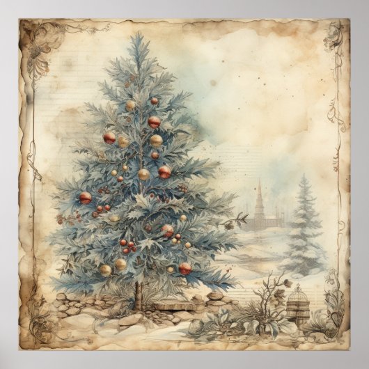 Vintag Blue Christmas Tree Poster (Vorne)