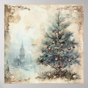 Vintag Blue Christmas Tree Poster