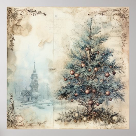 Vintag Blue Christmas Tree Poster (Vorne)