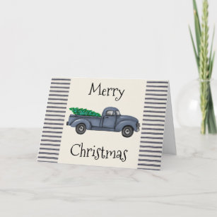 Vintag Blue Christmas Tree Truck Weihnachtskarte Feiertagskarte