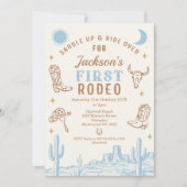 Vintag Blue Cowboy First Rodeo 1. Geburtstag Einladung (Vorderseite)