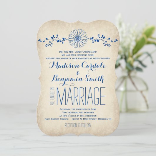 Vintag Blue Daisy Rustic Wedding Einladungen (Stehend Vorderseite)