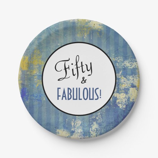 Vintag Blue Denim Fifty & FABULOUS Geburtstag Pappteller (Vorderseite)