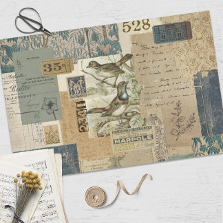 Vintag Blue Ephemera Decoupage Seidenpapier