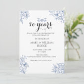 Vintag Blue Floral 50 Jahre Hochzeit Einladung (Stehend Vorderseite)