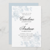 Vintag Blue Floral Elegante Script Hochzeit Einladung (Vorne/Hinten)