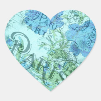 Vintag Blue Floral French Paris Postmark Muster Herz-Aufkleber