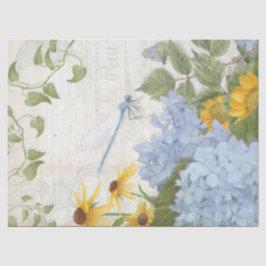Vintag Blue Floral Sunflower W Dragonfly N Script Seidenpapier