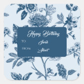 Vintag Blue Floral Toile Geburtstag Quadratischer Aufkleber (Vorderseite)