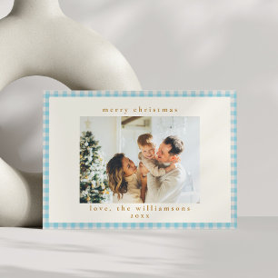 Vintag Blue Gingham Kariert Custom Foto Christmas Feiertagskarte