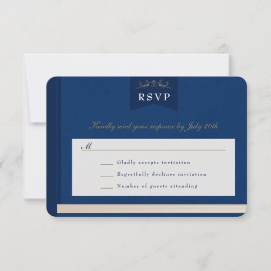 Vintag Blue Gold Chapter Book Wedding RSVP Card Karte (Vorderseite)
