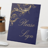 Vintag Blue Gold Damask Bitte unterzeichnen Hochze Sockelschild (In Situ)