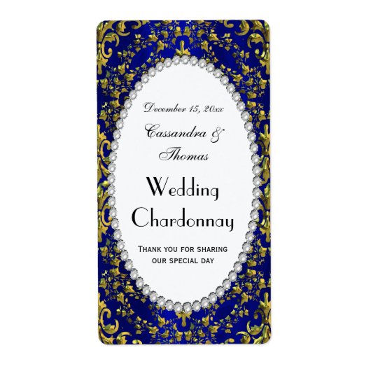 Vintag Blue Gold Damask Pearl V Weinflaschen Etike (Vorne)