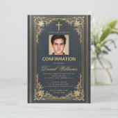 Vintag Blue Gold Foto Elegant Boy-Bestätigung Einladung (Stehend Vorderseite)
