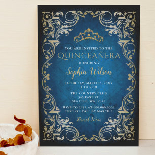 Vintag Blue Gold Princess Tiara Quinceañera Einladung