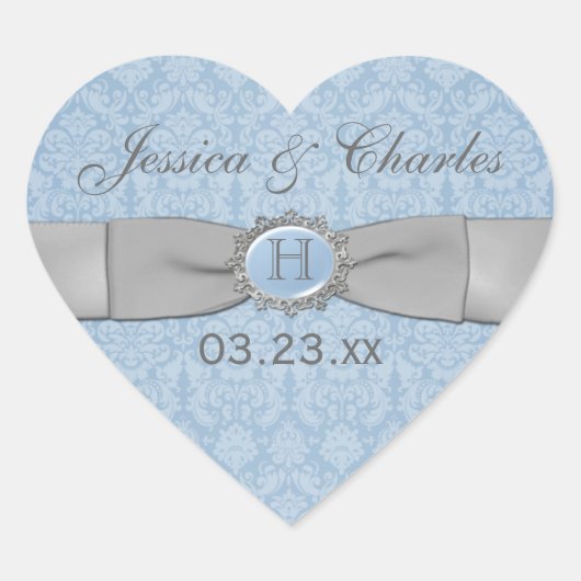 Vintag Blue, Gray Damask Wedding Favor Sticker (Vorderseite)