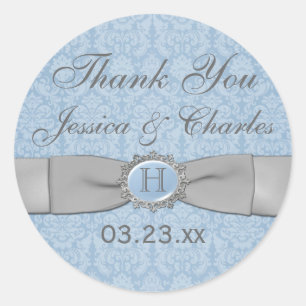 Vintag Blue, Gray Damask Wedding Favor Sticker