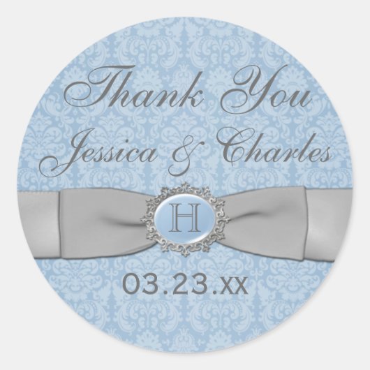 Vintag Blue, Gray Damask Wedding Favor Sticker (Vorderseite)