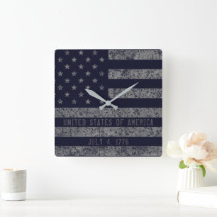 Vintag Blue Grunge American Flag Quadratische Wanduhr