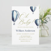 Vintag Blue Hot Air Ballon Babydusche Einladung (Stehend Vorderseite)